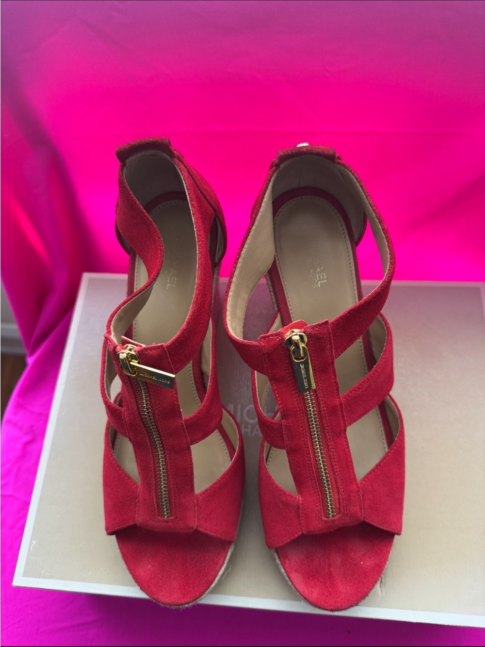 Michael Kors Red Suede Zipper Front Heeled Sandals